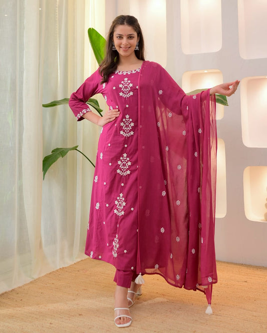 Wine Pink Cotton Kurta Pant Set with White Embroidery & Dupatta for Women