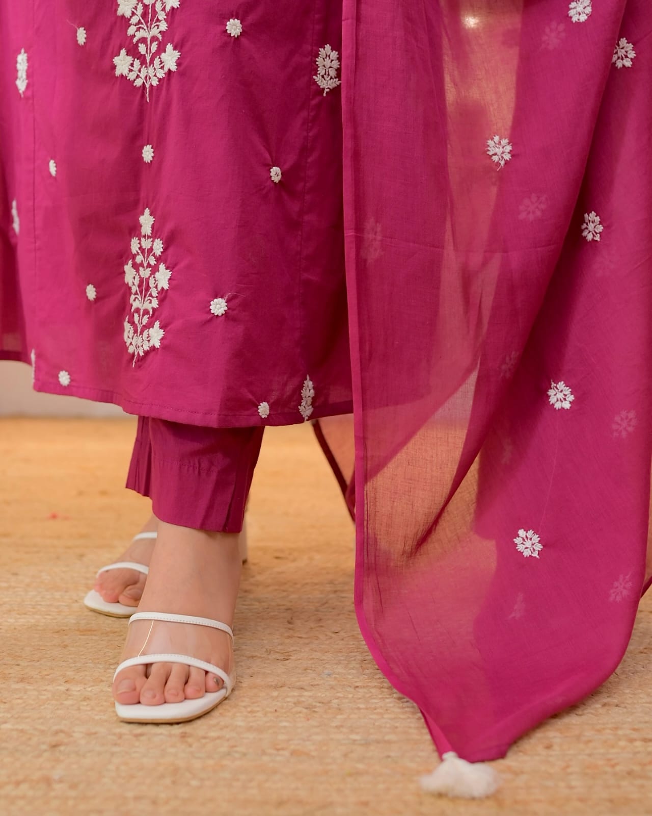 Wine Pink Cotton Kurta Pant Set with White Embroidery & Dupatta for Women