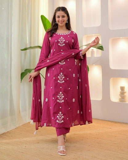Wine Pink Cotton Kurta Pant Set with White Embroidery & Dupatta for Women