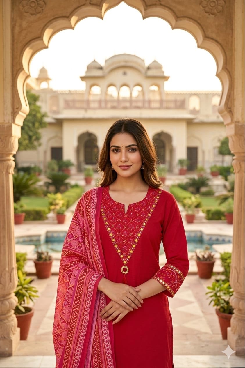 Wine Red Cotton 60×60 Suit Set with Embroidery, Mirror Work & Malmal Dupatta