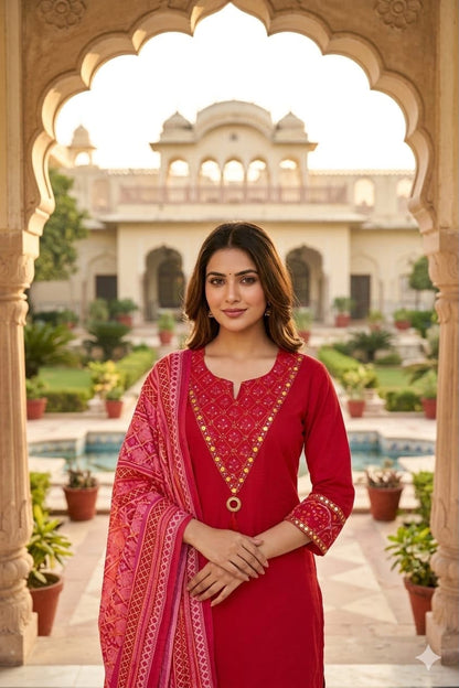 Wine Red Cotton 60×60 Suit Set with Embroidery, Mirror Work & Malmal Dupatta