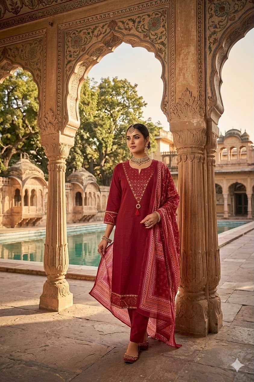 Wine Red Cotton 60×60 Suit Set with Embroidery, Mirror Work & Malmal Dupatta