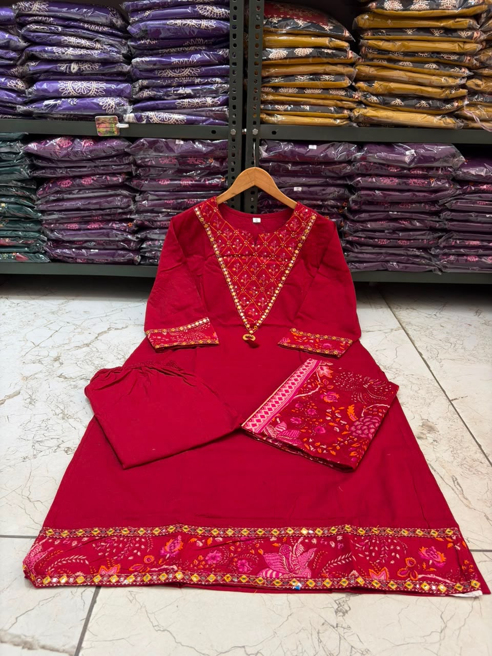 Wine Red Cotton 60×60 Suit Set with Embroidery, Mirror Work & Malmal Dupatta