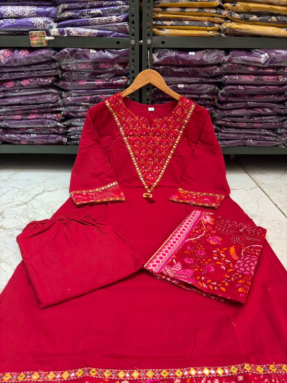 Wine Red Cotton 60×60 Suit Set with Embroidery, Mirror Work & Malmal Dupatta