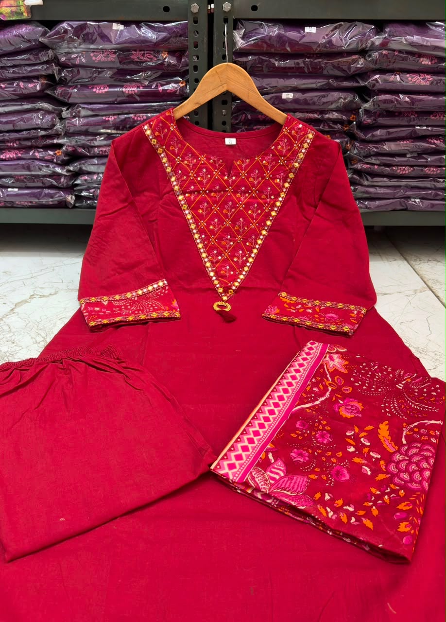 Wine Red Cotton 60×60 Suit Set with Embroidery, Mirror Work & Malmal Dupatta