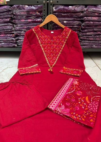 Wine Red Cotton 60×60 Suit Set with Embroidery, Mirror Work & Malmal Dupatta