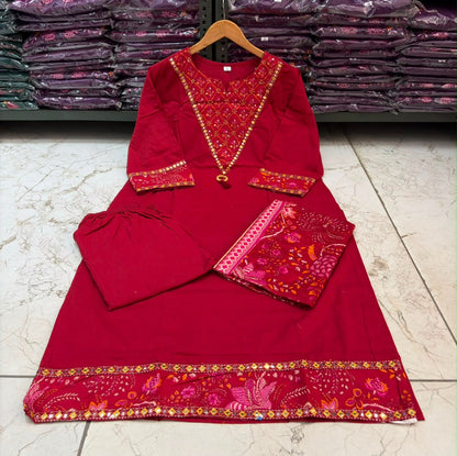 Wine Red Cotton 60×60 Suit Set with Embroidery, Mirror Work & Malmal Dupatta