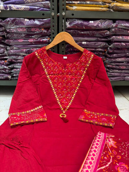 Wine Red Cotton 60×60 Suit Set with Embroidery, Mirror Work & Malmal Dupatta