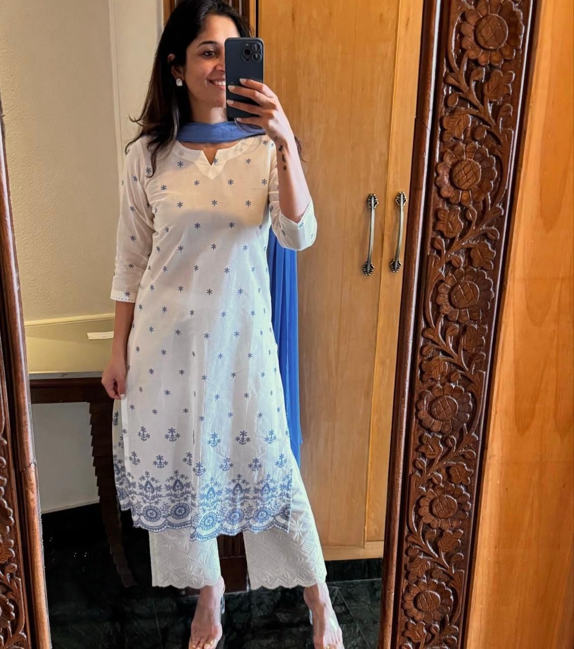 Women Cotton Flex Kurta Plazzo Set with Blue Embroidery & Dupatta