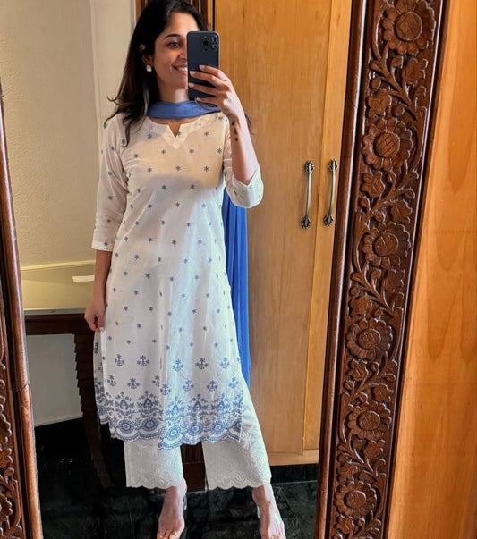 Women Cotton Flex Kurta Plazzo Set with Blue Embroidery & Dupatta