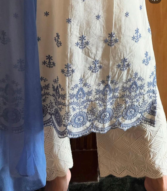 Women Cotton Flex Kurta Plazzo Set with Blue Embroidery & Dupatta