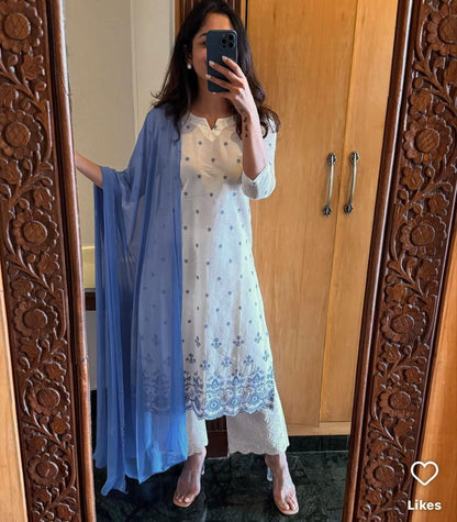 Women Cotton Flex Kurta Plazzo Set with Blue Embroidery & Dupatta