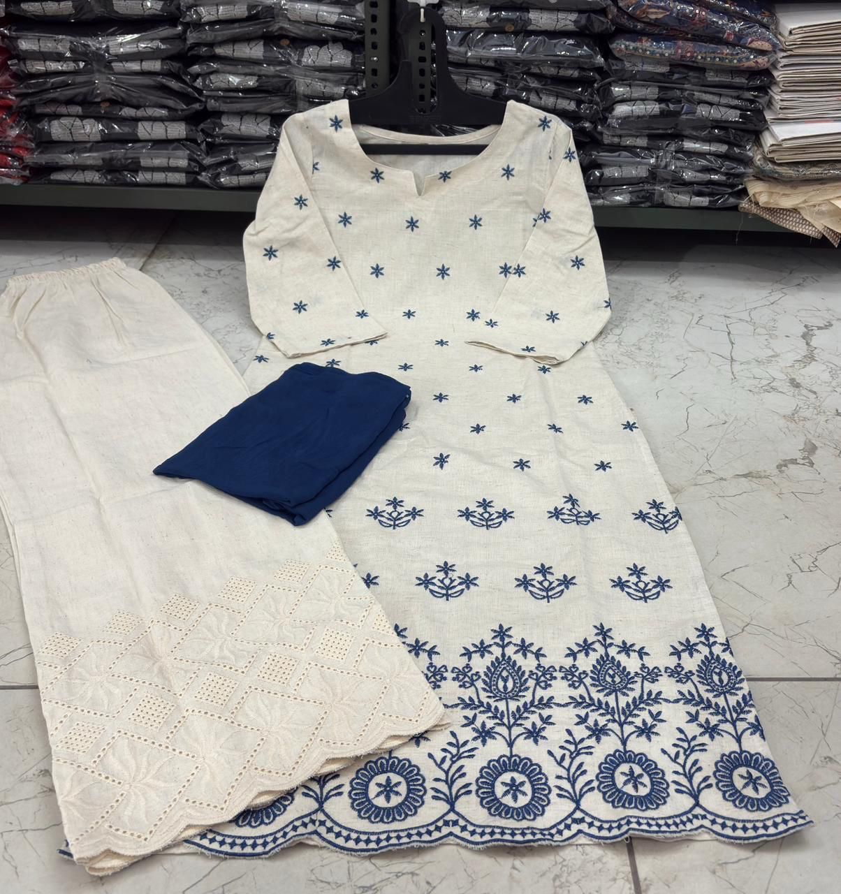 Women Cotton Flex Kurta Plazzo Set with Blue Embroidery & Dupatta