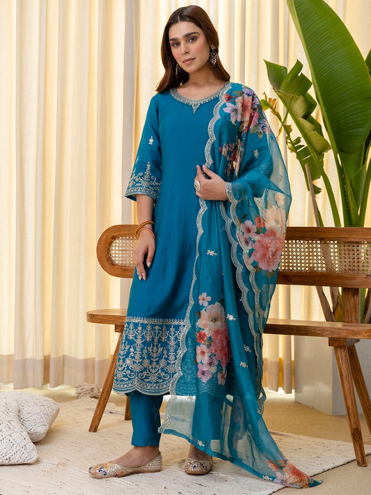 Embroidered A-Line Silk Blend Kurta Pant Set with Organza Dupatta for Women