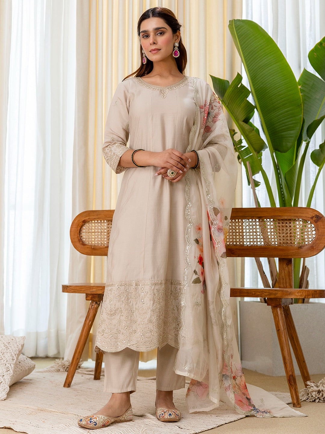 Embroidered A-Line Silk Blend Kurta Pant Set with Organza Dupatta for Women