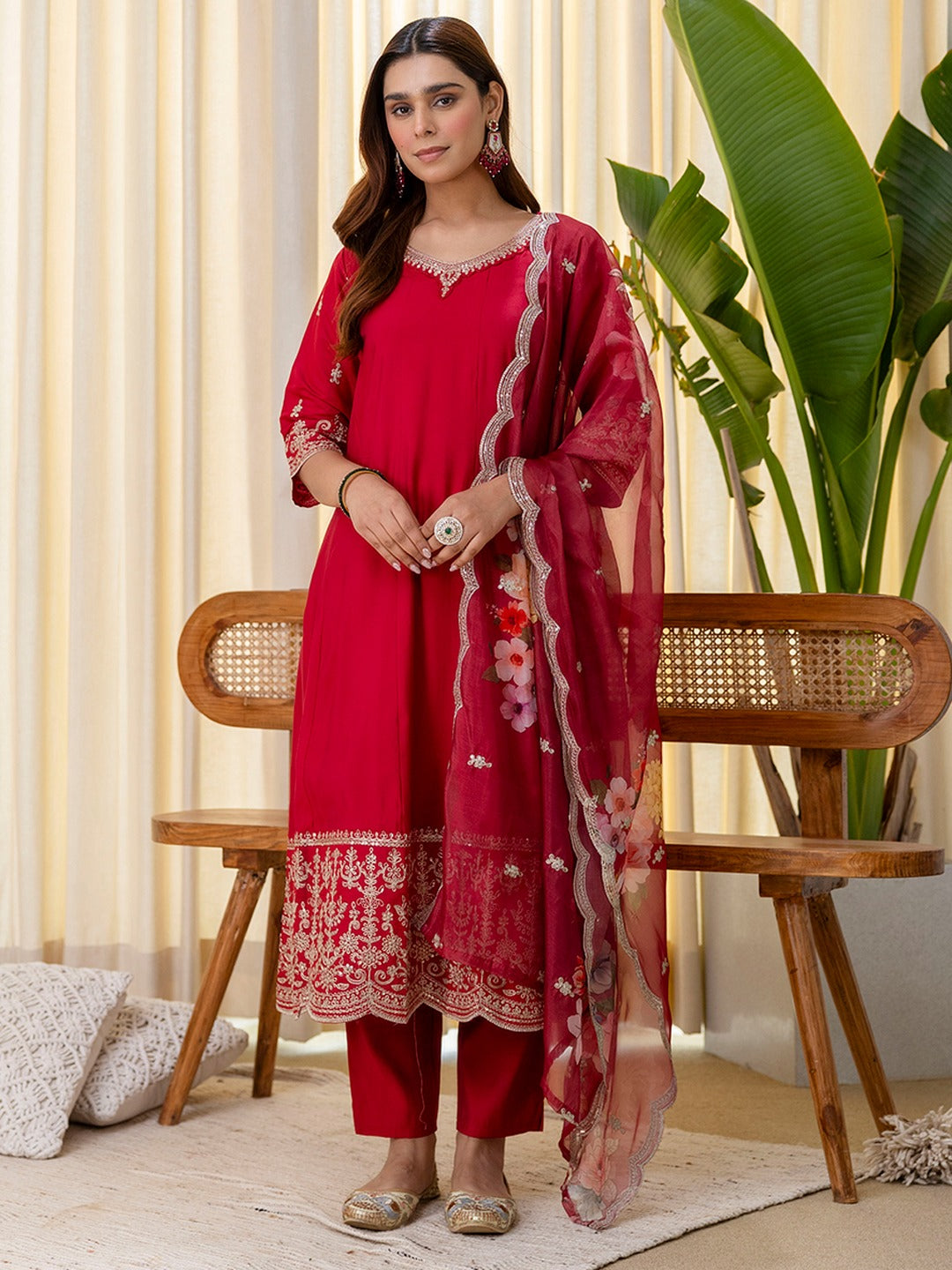 Embroidered A-Line Silk Blend Kurta Pant Set with Organza Dupatta for Women