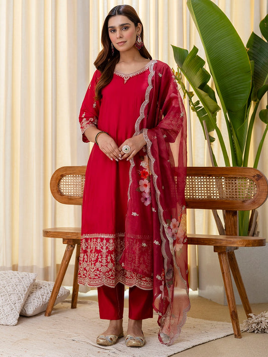Embroidered A-Line Silk Blend Kurta Pant Set with Organza Dupatta for Women