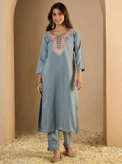 Women’s Viscose Silk Embroidered Straight Kurta Pant with Chanderi Dupatta Set