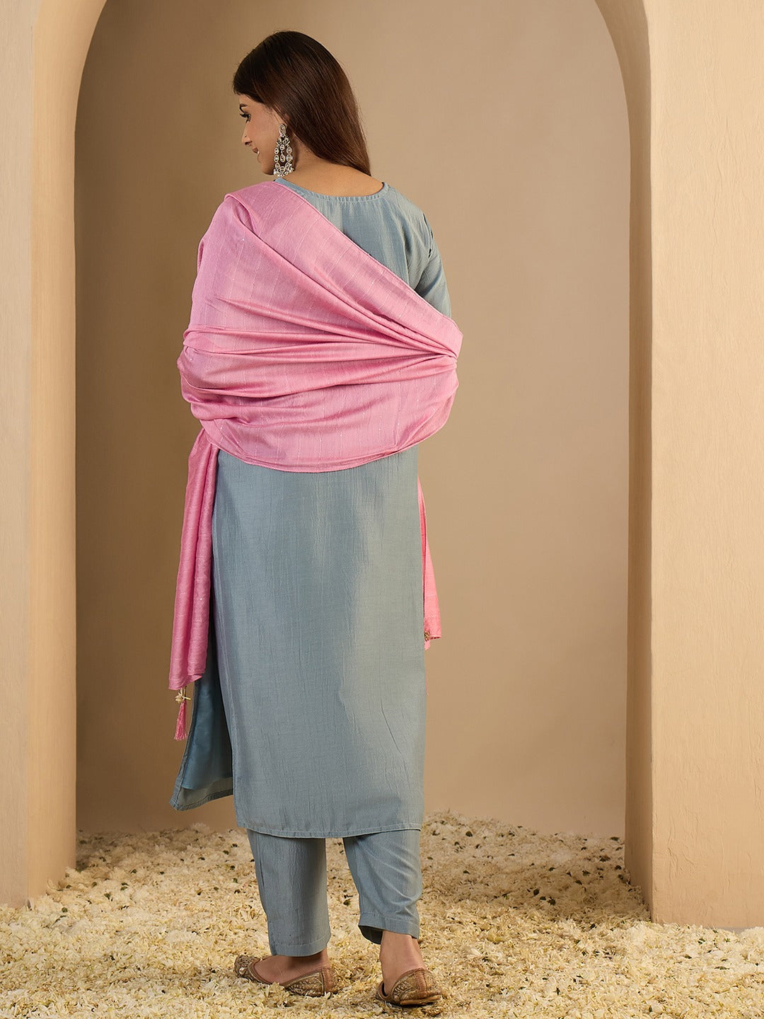 Women’s Viscose Silk Embroidered Straight Kurta Pant with Chanderi Dupatta Set