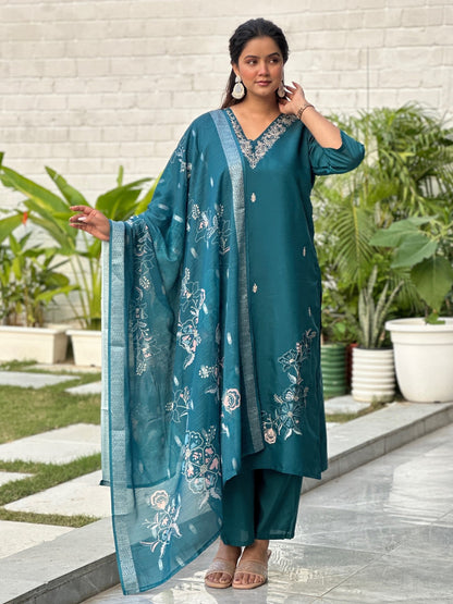 Teal Silk Blend Kurta Pant Dupatta Set with Embroidery for Women