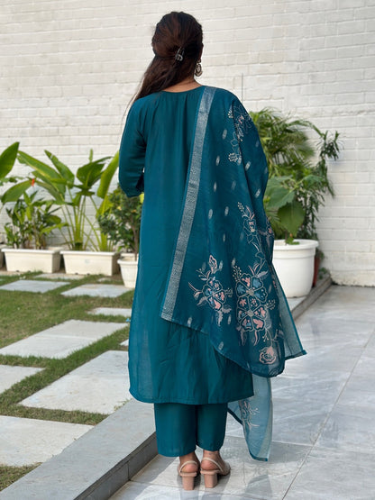 Teal Silk Blend Kurta Pant Dupatta Set with Embroidery for Women