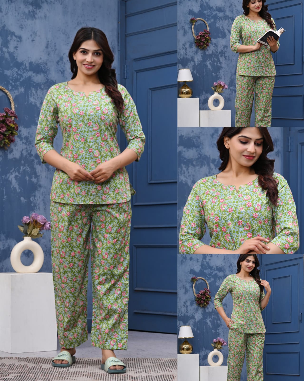 Woman wearing a green floral outfit with a blue door background