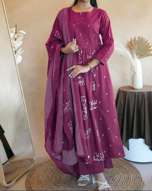 Flared Anarkali Cotton Kurta Pant Set with Malmal Dupatta for Women