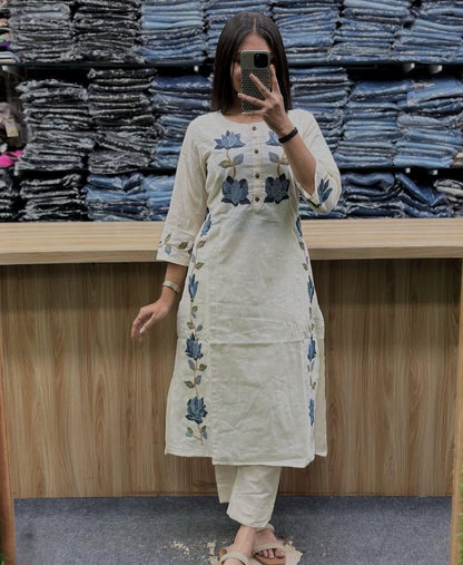 Woven Cotton Flex Co-Ord Set with Floral Embroidery Work