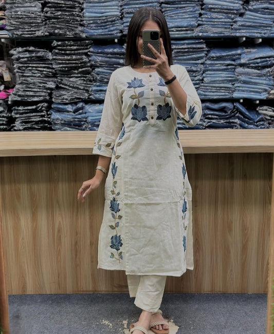 Woven Cotton Flex Co-Ord Set with Floral Embroidery Work