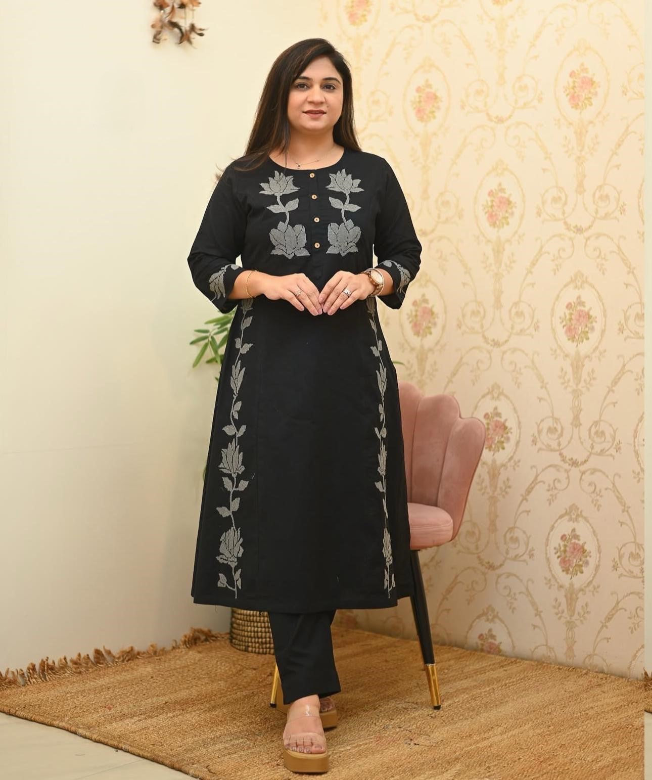 Woven Cotton Flex Co-Ord Set with Floral Embroidery Work