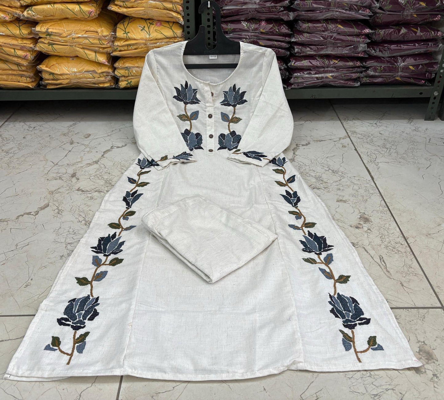 Woven Cotton Flex Co-Ord Set with Floral Embroidery Work