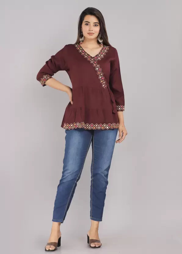 Embroidered Wine-Colored Rayon Top