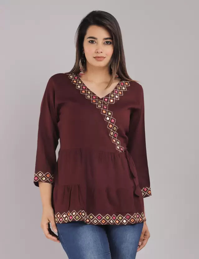 Embroidered Wine-Colored Rayon Top