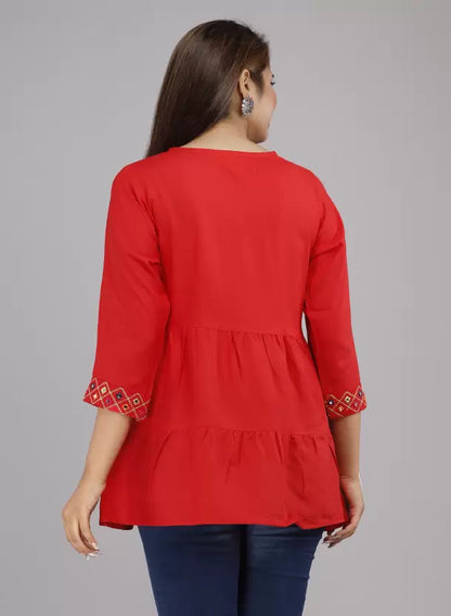 Red Rayon Top with Embroidery Work - Length 30