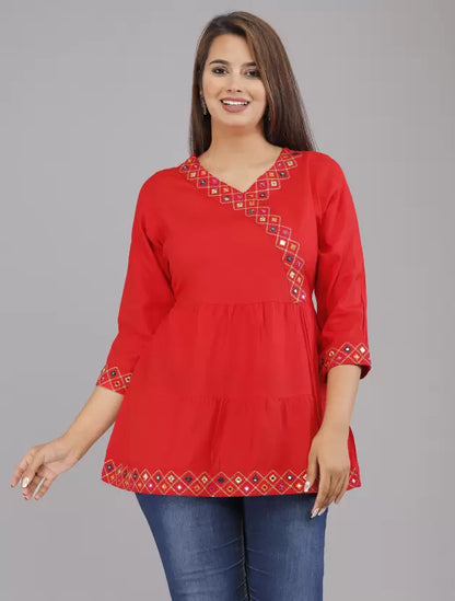 Red Rayon Top with Embroidery Work - Length 30