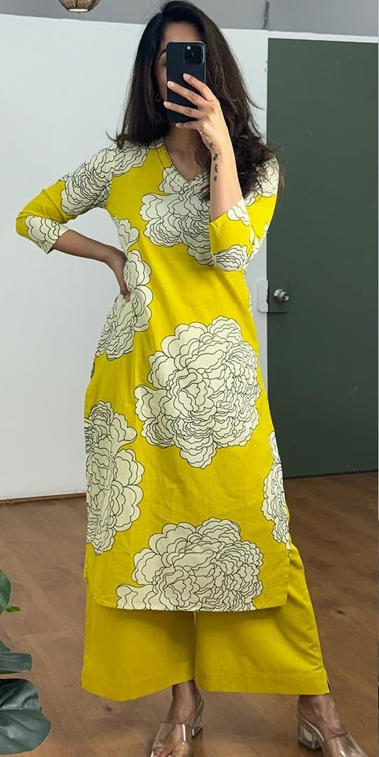 Yellow Cotton Kurti Plazo Set with Kantha & Sequence Work