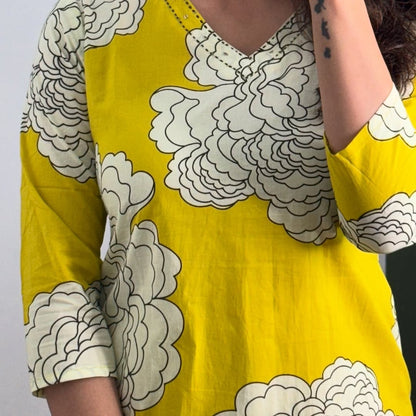 Yellow Cotton Kurti Plazo Set with Kantha & Sequence Work
