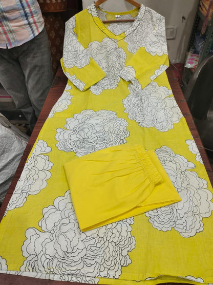 Yellow Cotton Kurti Plazo Set with Kantha & Sequence Work