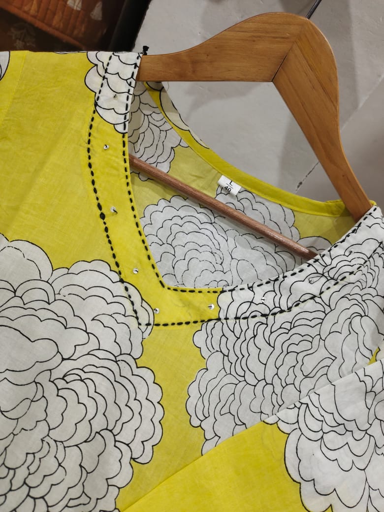 Yellow Cotton Kurti Plazo Set with Kantha & Sequence Work