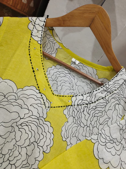 Yellow Cotton Kurti Plazo Set with Kantha & Sequence Work