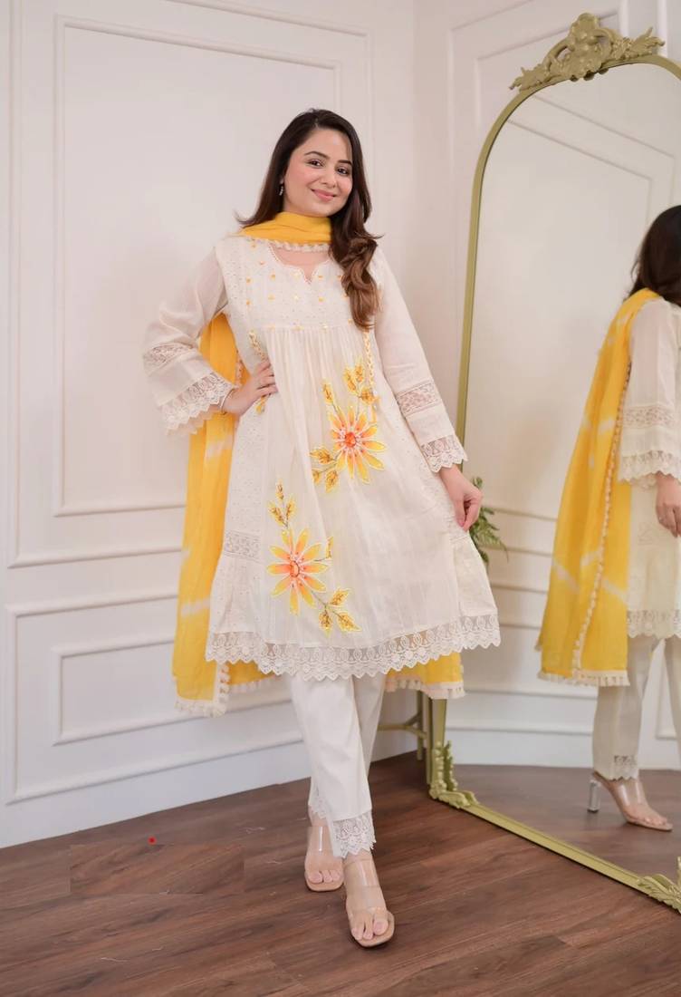 Yellow Floral Embroidery Cotton Blend 3-Piece Suit Set