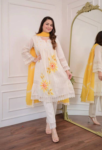 Yellow Floral Embroidery Cotton Blend 3-Piece Suit Set