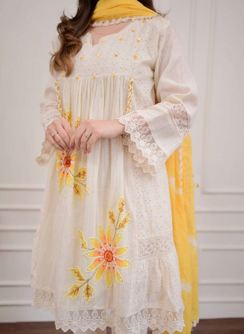 Yellow Floral Embroidery Cotton Blend 3-Piece Suit Set