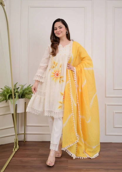 Yellow Floral Embroidery Cotton Blend 3-Piece Suit Set