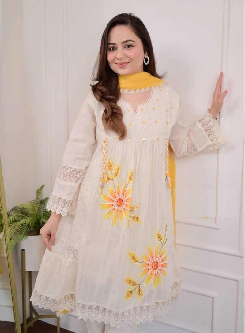 Yellow Floral Embroidery Cotton Blend 3-Piece Suit Set