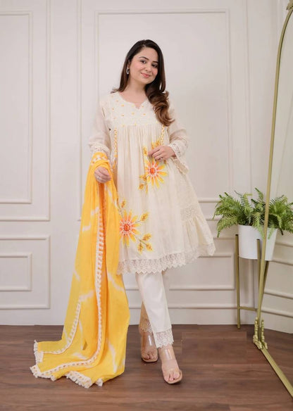 Yellow Floral Embroidery Cotton Blend 3-Piece Suit Set