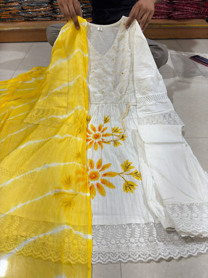 Yellow Floral Embroidery Cotton Blend 3-Piece Suit Set