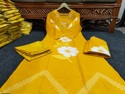 Yellow Floral Print Cotton Kurti Pant Set with Malmal Dupatta