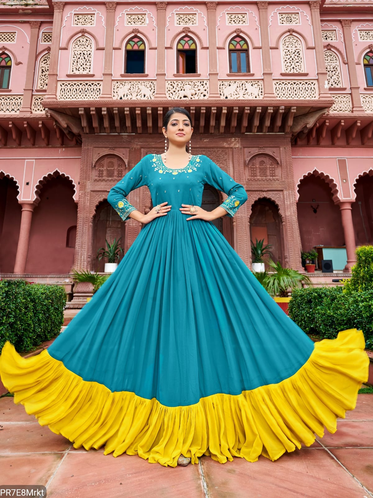 Yellow Frill Faux Embroidered Gown with 4 Meter Flair