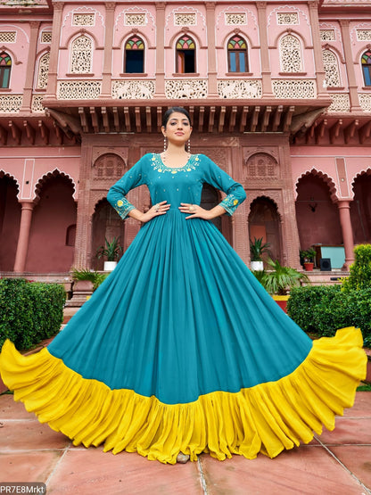 Yellow Frill Faux Embroidered Gown with 4 Meter Flair